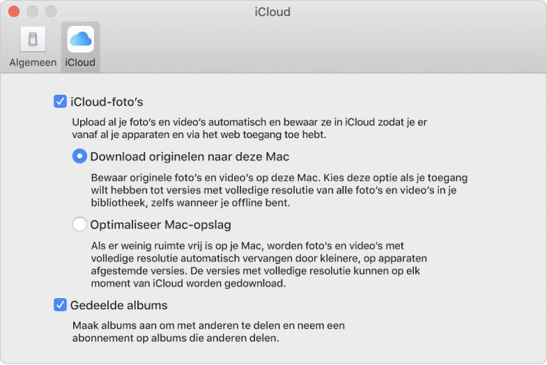 Het paneel 'iCloud' in het voorkeurenvenster van Foto's.