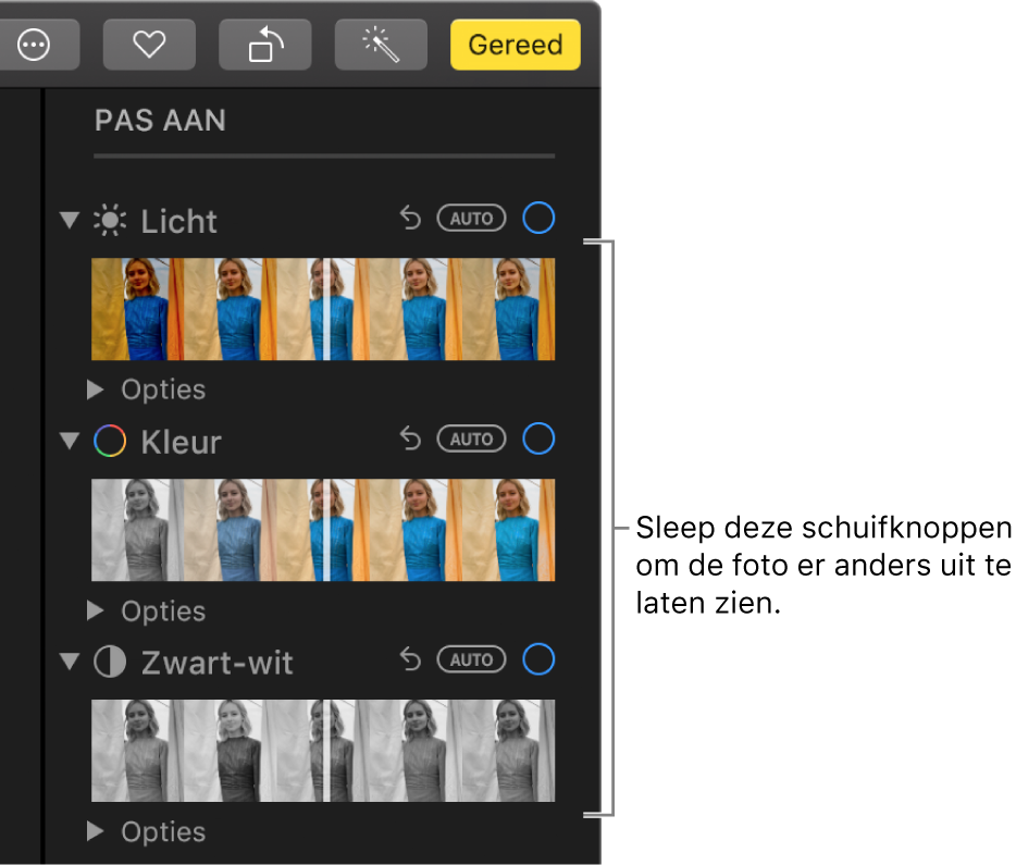 De schuifknoppen voor 'Licht', 'Kleur' en 'Zwart-wit' in het paneel 'Pas aan'. Boven elke schuifknop wordt de knop 'Automatisch' weergegeven.