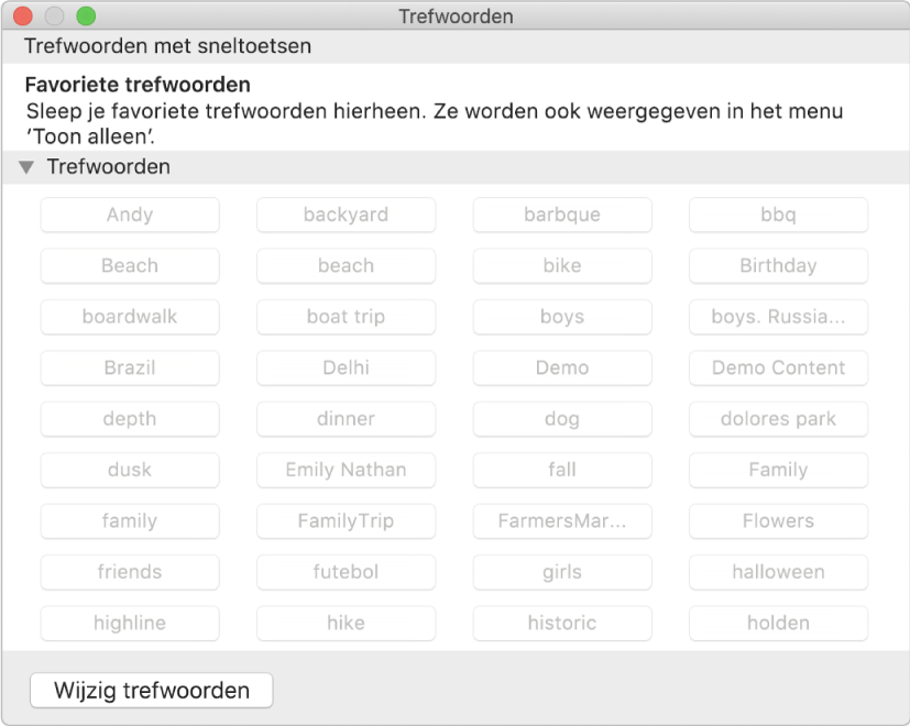 Het venster van de functie 'Trefwoordbeheer'.
