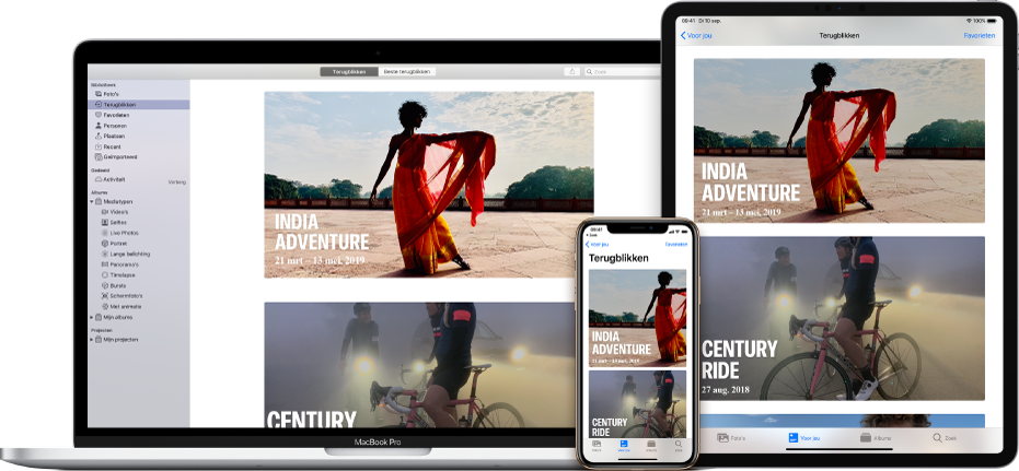 Een iPhone, MacBook en iPad met op elk scherm dezelfde foto's.