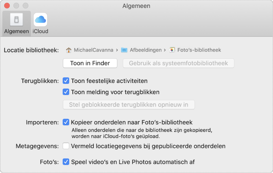 Het paneel 'Algemeen' in het voorkeurenvenster van Foto's.