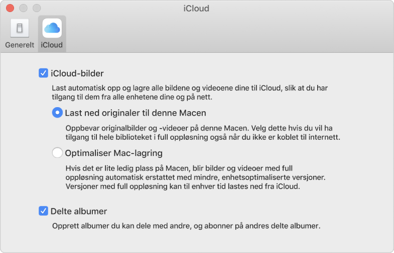 iCloud-panelet i Bilder-valg.