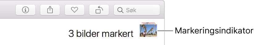 En markeringsindikator som viser at tre bilder er markert.