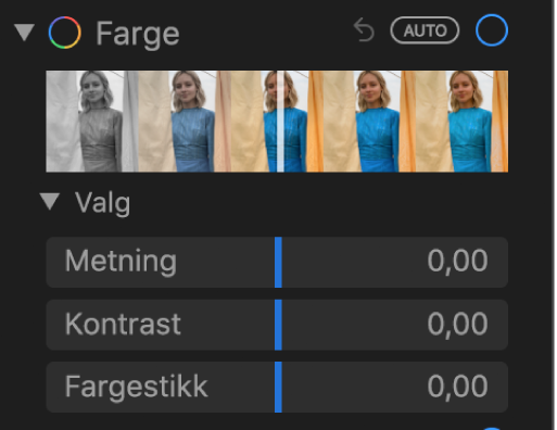 Farge-området i Juster-panelet som viser skyveknapper for Metning, Kontrast og Fargestikk.