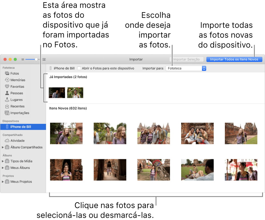 As fotos no dispositivo que você já importou são mostradas na parte superior do painel; as novas fotos aparecem na parte inferior. Na parte superior central, encontra-se o menu local “Importar para”. O botão “Importar Todas as Fotos Novas” está na parte superior direita.