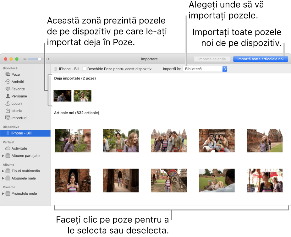 Pozele de pe dispozitiv pe care le‑ați importat deja sunt afișate în partea de sus a panoului; pozele noi sunt în partea de jos. Sus, în mijloc, se află meniul pop‑up “Importă în”. Butonul Importă toate pozele noi se află în dreapta sus.