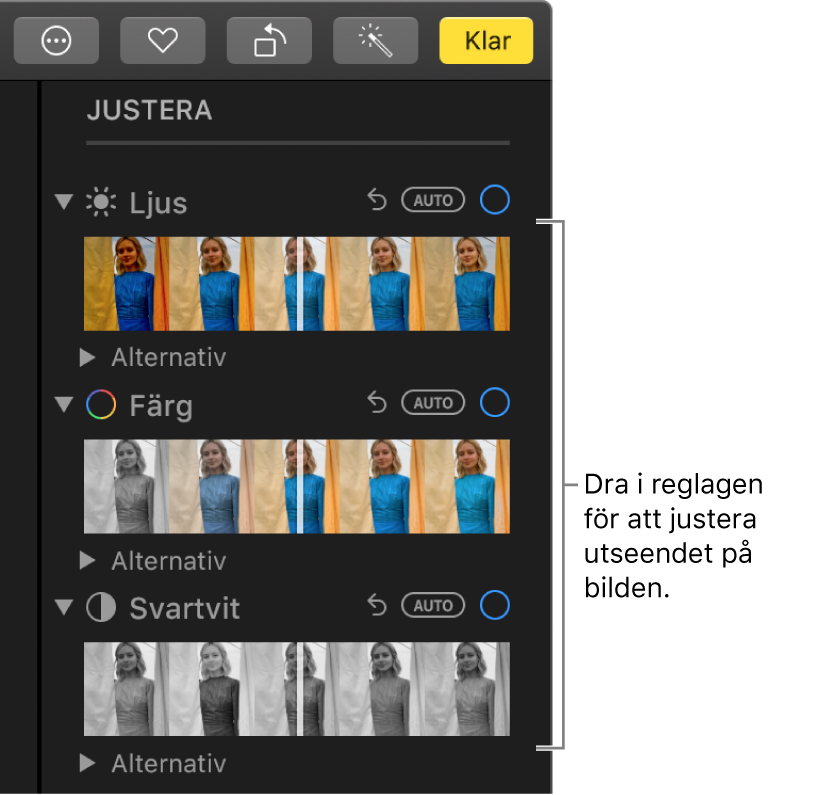 Reglagen Ljus, Färg och Svartvit på panelen Justera. Över varje reglage finns en Auto-knapp.