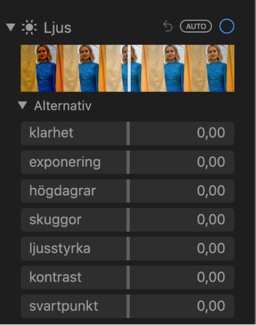 Området Ljus på panelen Justering med reglage för klarhet, exponering, högdagrar, skuggor, ljusstyrka, kontrast och svartpunkt.