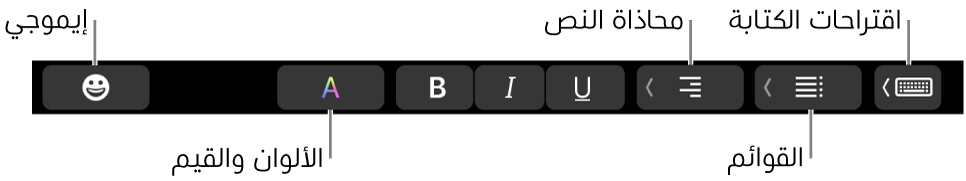 الـ Touch Bar وتظهر عليه أزرار من تطبيق البريد تشمل - من اليسار إلى اليمين - إيموجي، والألوان، وعريض، ومائل، وتسطير، ومحاذاة، والقوائم، واقتراحات الكتابة.