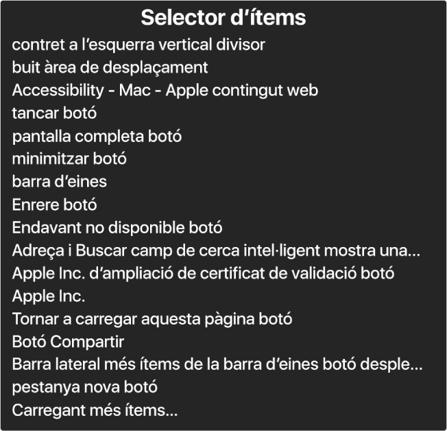 El selector d’ítems és un tauler que mostra una llista d’ítems com ara una àrea de desplaçament buida, el botó per tancar, una barra d’eines i el botó Compartir, entre d’altres.