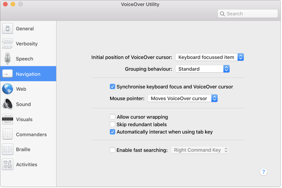 The VoiceOver Utility window showing the Navigation category selected in the sidebar on the left and its options on the right. At the bottom right corner of the window is a Help button to display VoiceOver online help about the options.