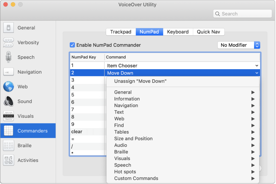 The VoiceOver Utility window showing the Commanders category selected in the sidebar and the NumPad pane selected on the right. At the top of the NumPad pane, the Enable NumPad Commander tickbox is selected. No Modifier is selected from the Modifier pop-up menu. Below the tickbox and pop-up menu is a table with two columns: NumPad Key and Command. The second row is selected and contains 2 in the NumPad Key column and Move Down in the Command column. A pop-up menu below Move Down shows command categories, such as General; each category has an arrow to display commands that can be assigned to the current NumPad key.