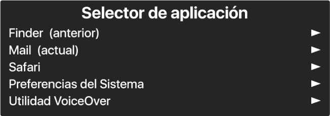 Selector de aplicación es un panel que muestra las aplicaciones actualmente abiertas. A la derecha de cada elemento en la lista hay una flecha.