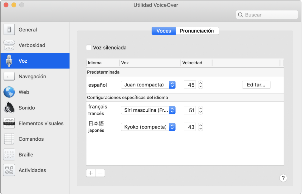 Panel Voces de Utilidad VoiceOver mostrando la configuración de las voces para los idiomas inglés, francés y japonés.