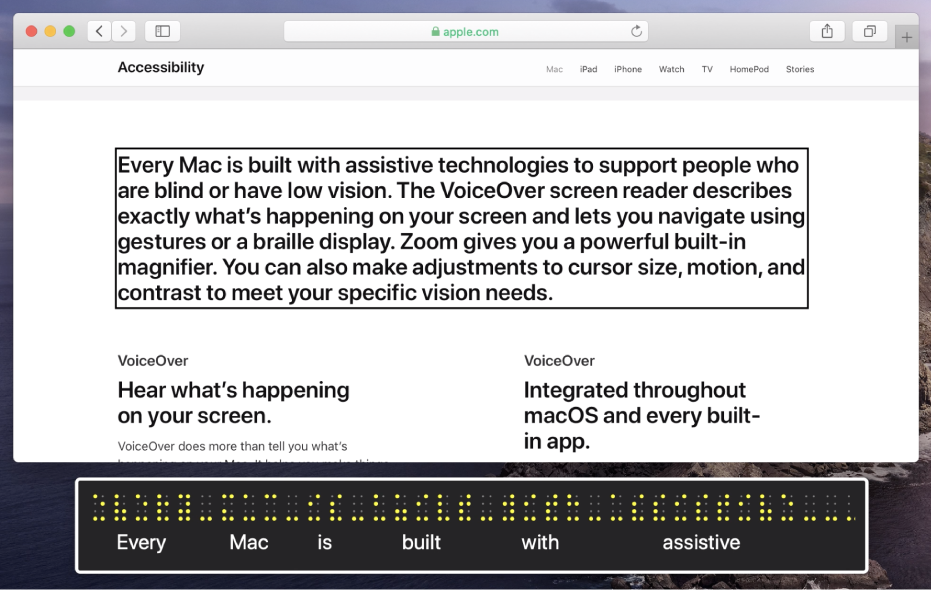 El panel Braille mostrando lo que hay en el cursor de VoiceOver en una página web. El panel Braille muestra los puntos de Braille simulados en color amarillo, con el texto que corresponde debajo de los puntos.