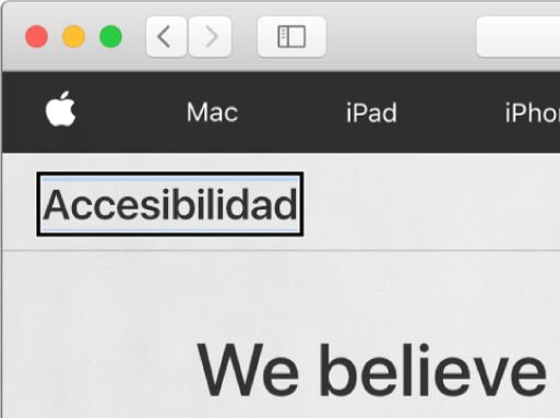 El cursor de VoiceOver (un borde rectangular oscuro) centrado en la palabra “Accesibilidad” de la pantalla.