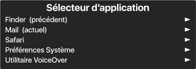 La sous-fenêtre Sélecteur d’application affiche les applications actuellement ouvertes. Une flèche apparaît à droite de chaque élément de la liste.