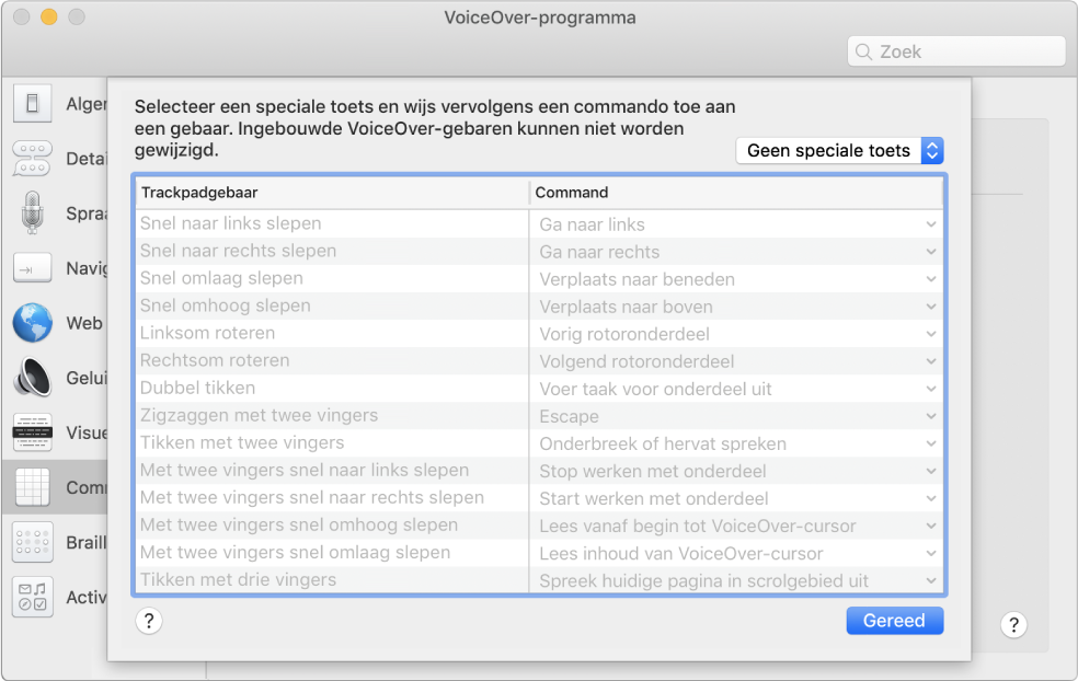 Een lijst met VoiceOver-gebaren en bijbehorende commando's in het overzicht met trackpadcommando's van VoiceOver-programma.