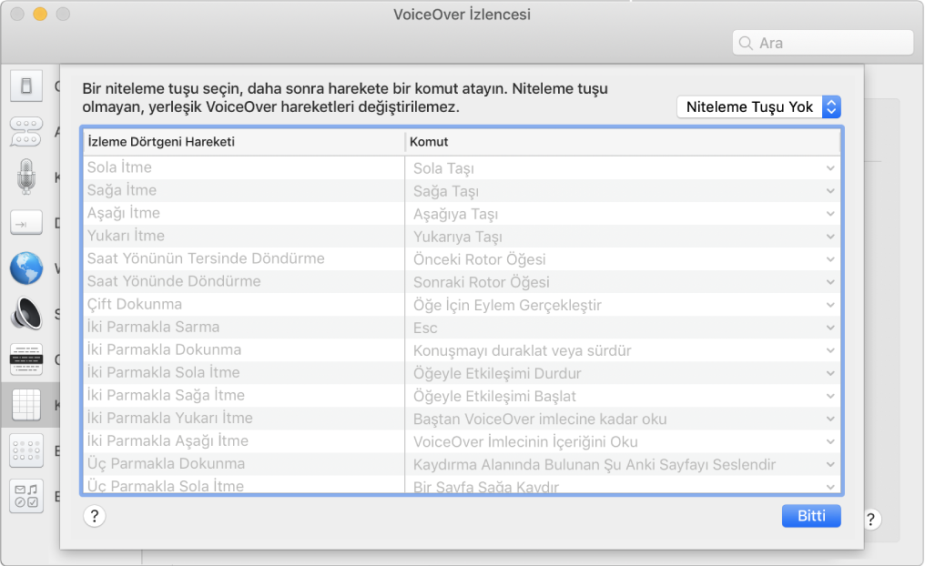 VoiceOver hareketlerinin ve karşılık gelen komutların bir listesi VoiceOver İzlencesi’ndeki İzleme Dörtgeni Kumandası’nda gösteriliyor.