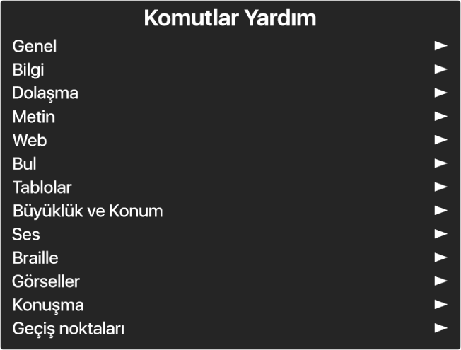 Komutlar Yardım menüsü, komut kategorilerini listeleyen (Genel ile başlayıp Geçiş noktaları ile biten) bir paneldir. Listedeki her öğenin sağında öğenin alt menüsüne erişmek için bir ok vardır.