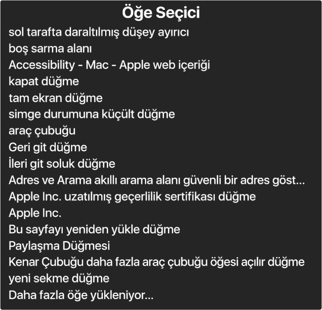 Öğe Seçici; diğer öğelerin yanı sıra boş kaydırma alanı, kapat düğmesi, araç çubuğu ve Paylaş düğmesi gibi öğeleri listeleyen bir paneldir.