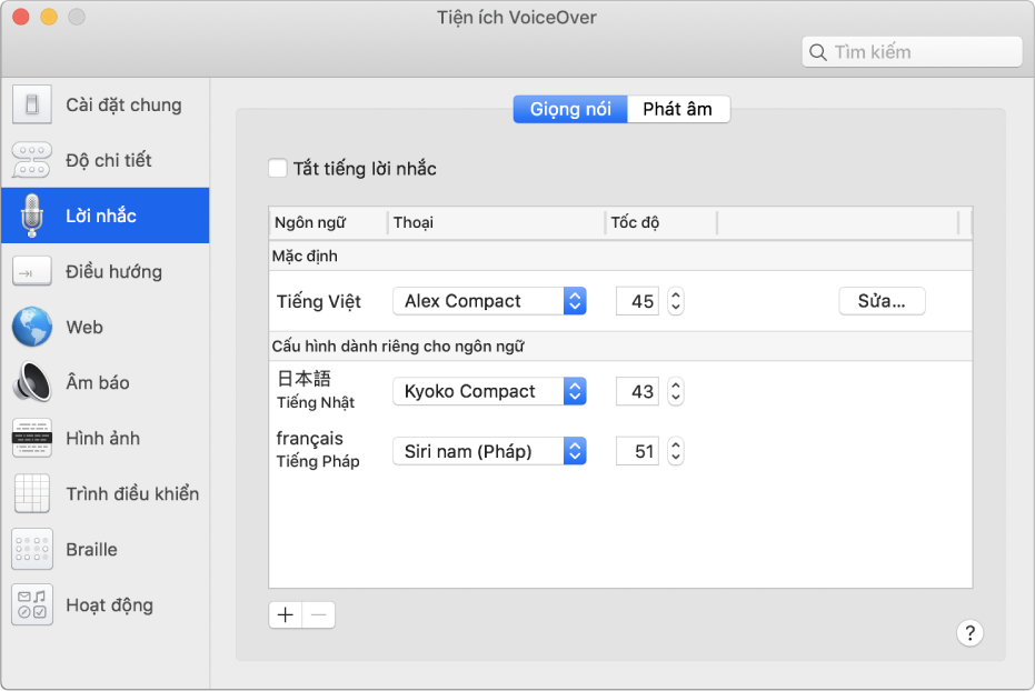 Khung Giọng nói của Tiện ích VoiceOver đang hiển thị cài đặt giọng nói cho các ngôn ngữ tiếng Anh, tiếng Pháp và tiếng Nhật.