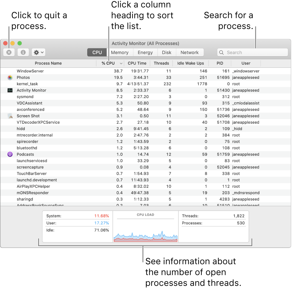 Activity Monitor window showing CPU activity. To quit a process, click the Force Quit button in the upper left. To sort data by a column, click the column heading. To search for a process, enter its name in the search field. At the bottom of the window, see information about the number of open processes and threads.