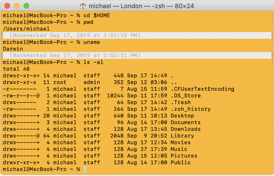 A Terminal window, showing marks and bookmarks at the left and right sides of the window, and a timestamped bookmark above a command prompt.