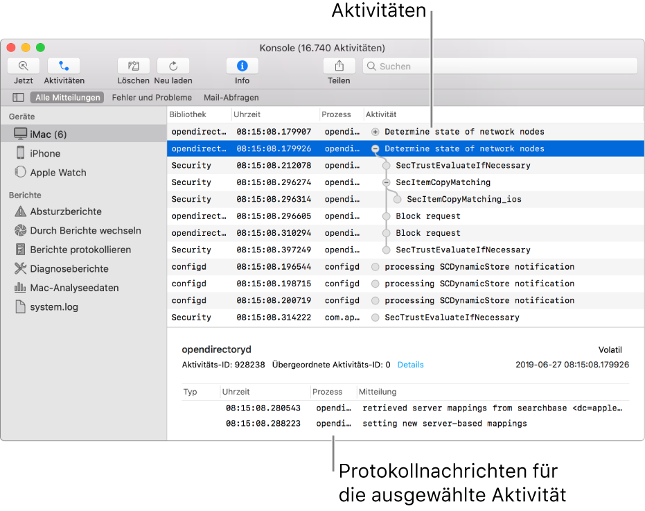 Im Fenster „Konsole“ werden oben die Aktivitäten und unten die zugehörigen Protokollmeldungen angezeigt.