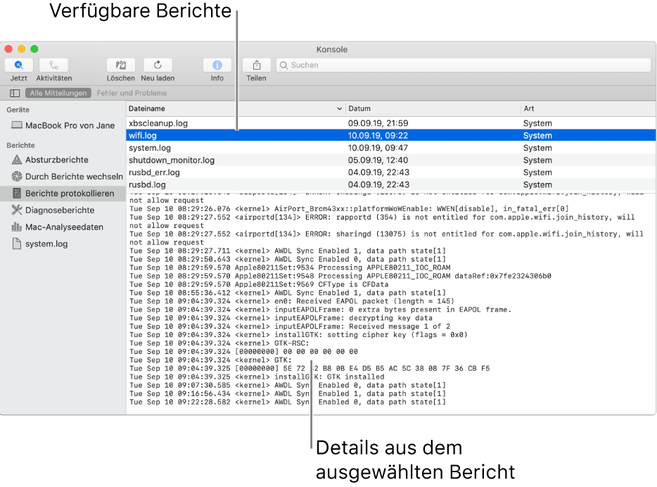 Das Fenster „Konsole“ mit den Kategorien der Berichte in der Seitenleiste, den Berichten oben und in der Spalte rechts daneben und den Details der Berichte darunter.