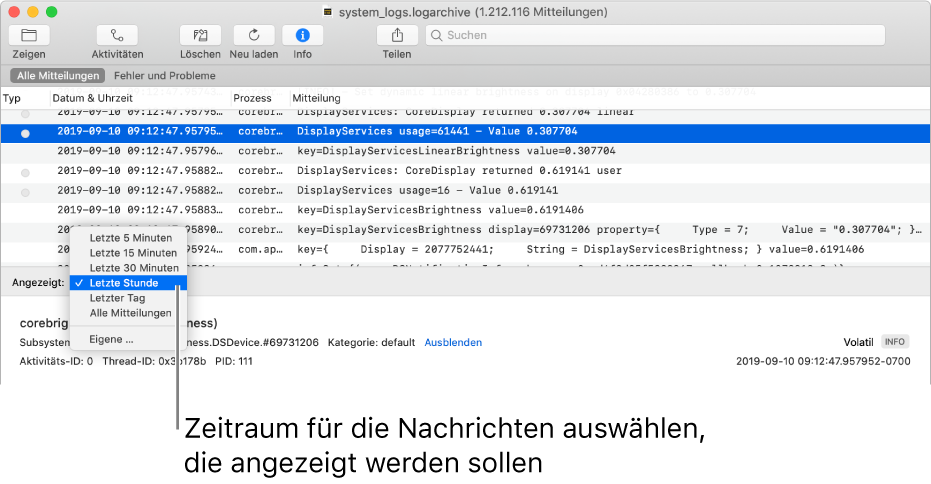 Das Fenster „Konsole“ zeigt das Protokollarchiv an. Wähle im Feld „Angezeigt“ unten links im Bildschirm einen Zeitraum für die Meldungen aus, die du anzeigen willst.