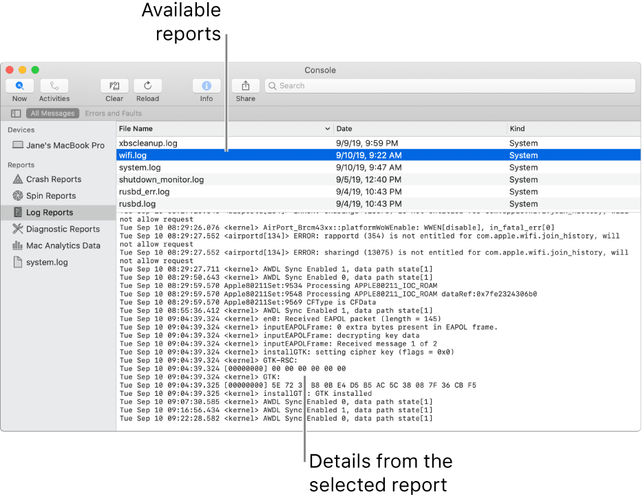 The Console window showing report categories in the sidebar, reports on the top and to the right of the sidebar, and report details below.