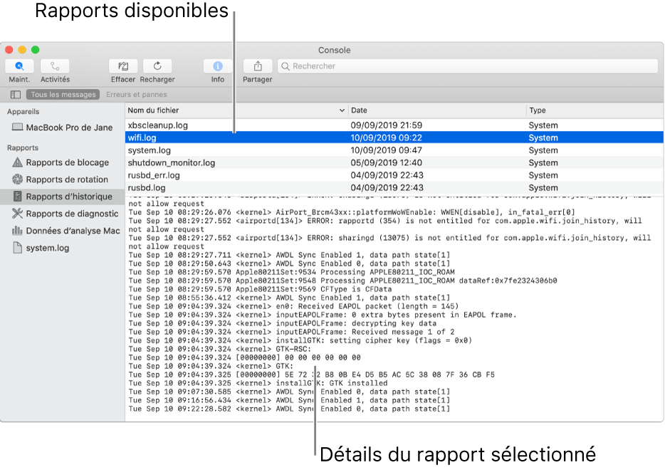 Fenêtre de Console présentant les catégories de rapport dans la barre latérale, les rapports en haut à droite de la barre latérale, et les détails des rapports en dessous.