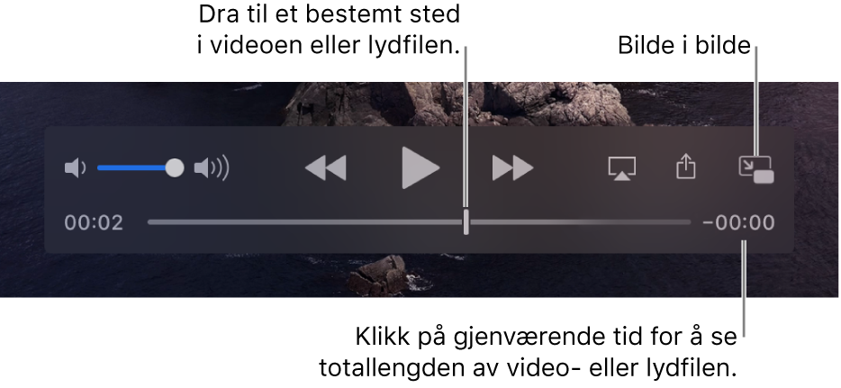 Avspillingskontrollene i QuickTime Player. Øverst er volumkontrollen, Spol tilbake-knappen, Start/pause-knappen og Hurtigspoling framover-knappen. Nederst er spillehodet, som du kan flytte for å gå til et bestemt sted i filen. Tiden som gjenstår i filen vises nederst til høyre.