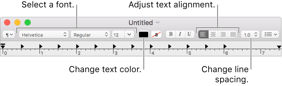 The TextEdit toolbar for a rich text document, showing the font and text alignment and spacing controls.