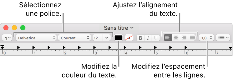 Barre d’outils de TextEdit pour un document RTF, présentant les commandes de police, d’alignement et d’espacement du texte.