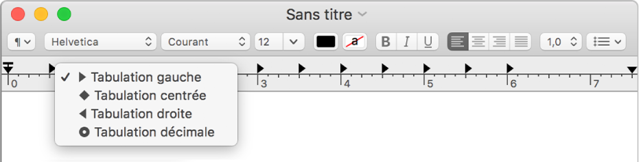 La règle, présentant les options de taquet de tabulation.