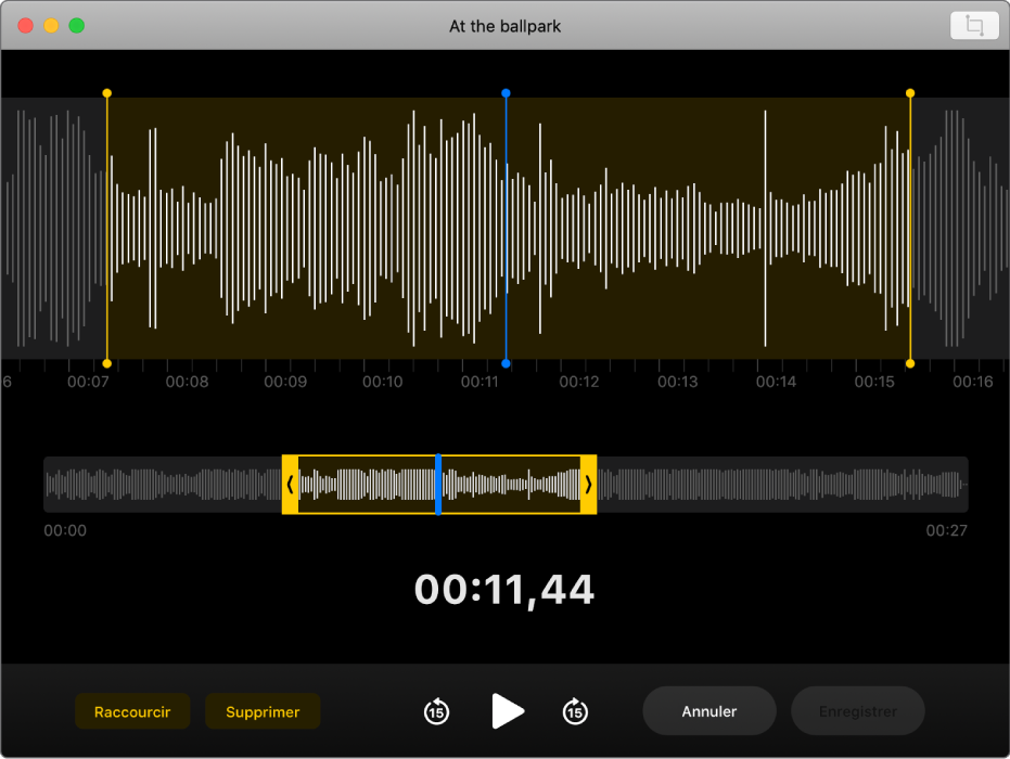 Un mémo vocal. Faites glisser les poignées jaunes sur la forme d’onde pour définir la zone à raccourcir. Cliquez ensuite sur le bouton Raccourcir pour supprimer le contenu audio situé en dehors des poignées de raccourcissement, ou cliquez sur le bouton Supprimer pour supprimer le contenu audio entre les poignées de raccourcissement.