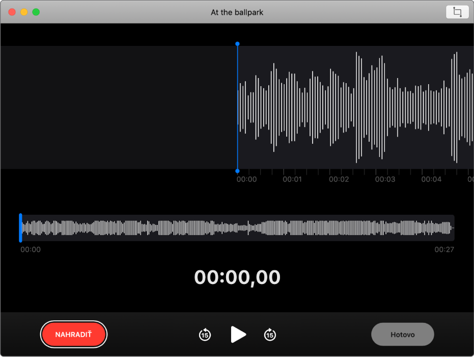 Nahrávka. Potiahnite modrou zvislou čiarou (prehrávacou hlavou) na miesto, ktoré chcete prepísať alebo orezať. Ak chcete nahrať nové audio a nahradiť ním existujúce audio, kliknite na tlačidlo Nahradiť na ľavej strane. Ak chcete odstrániť prebytočnú časť audia, kliknite v pravom hornom rohu na tlačidlo Orezať.