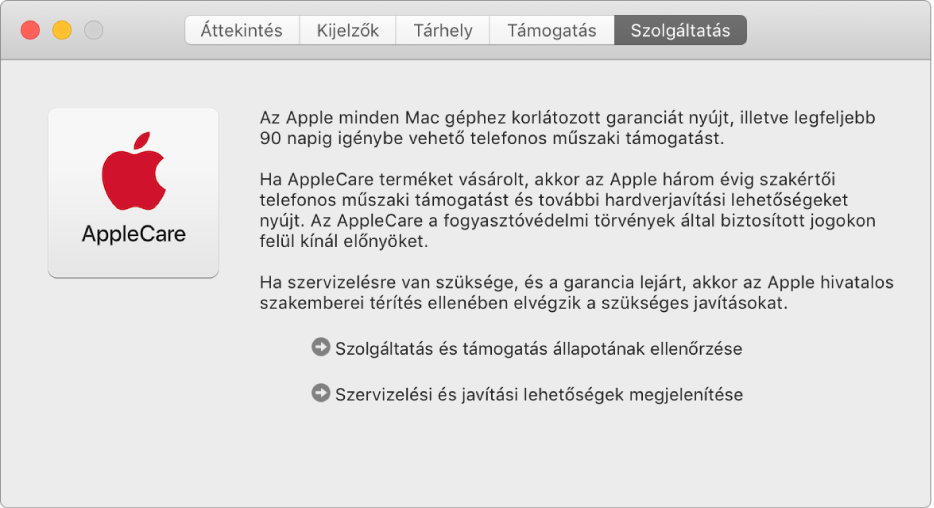 A Szolgáltatások panel a Rendszerinformációkban, melyen az AppleCare szolgáltatással kapcsolatos lehetőségek láthatóak.
