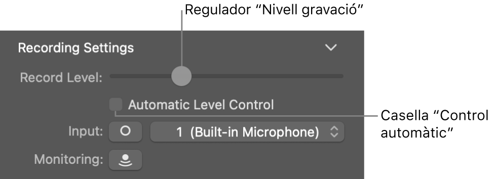 Regulador “Nivell enregistrament” i casella “Control de nivells auto.” a l’inspector Smart Controls.
