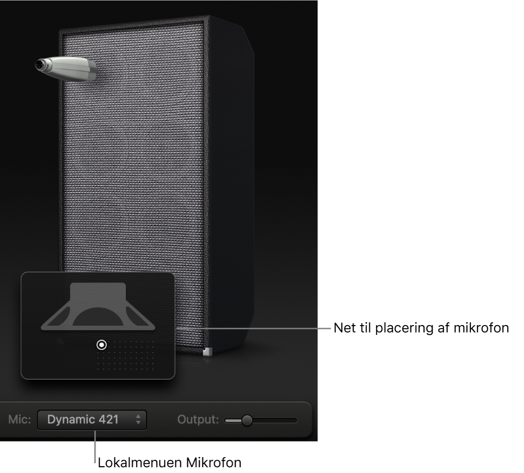 Bass Amp Designer-kabinet, der viser menuen Mic og placeringsnettet til mikrofonen.