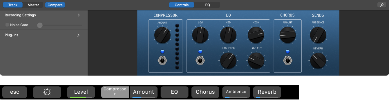 Abbildung. Smart Controls für eine Spur mit akustischer Gitarre und dynamische Kurzbefehle im Bildschirm „Smart Controls“