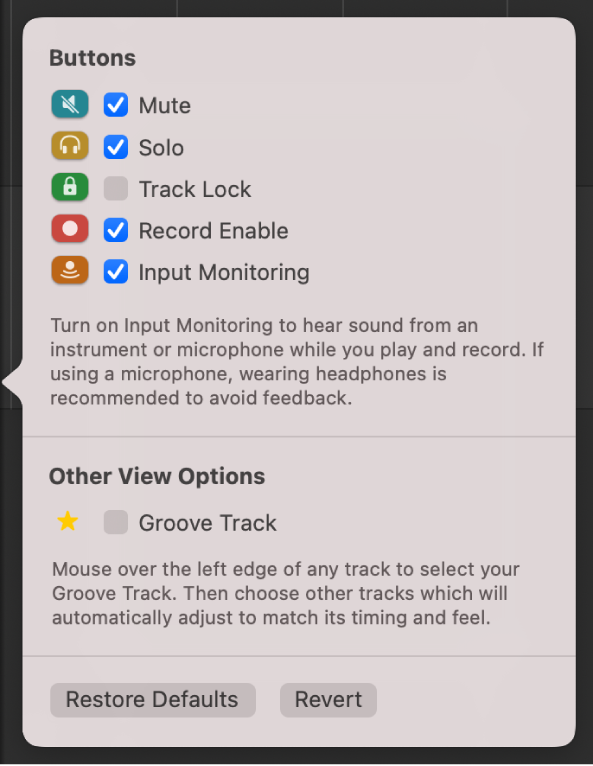 Track Header Configuration dialog.