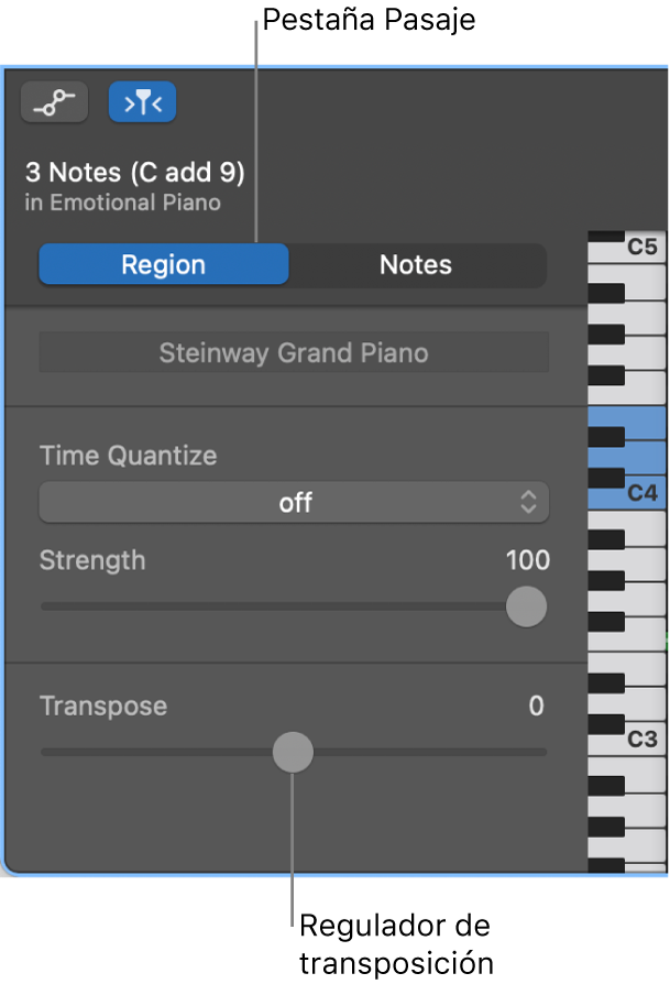 Inspector del editor de teclado, con la pestaña Pasaje y el regulador Transponer.