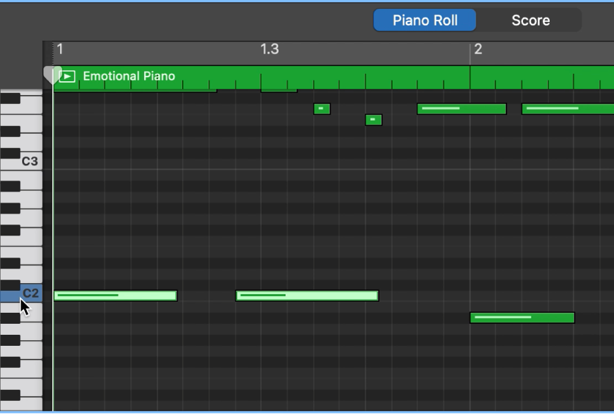 Se están seleccionando notas con el mismo tono haciendo clic en el teclado del borde izquierdo del editor de teclado.