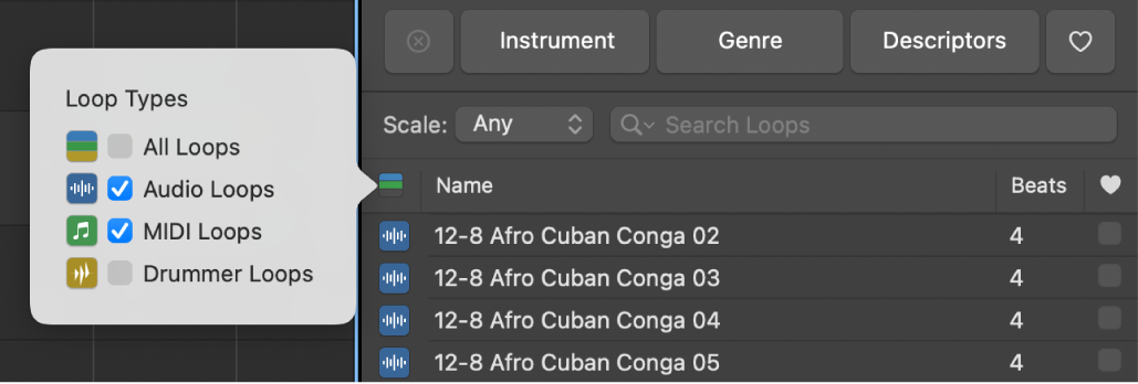 Uso del botón “Tipos de loop” para filtrar los tipos de loops.