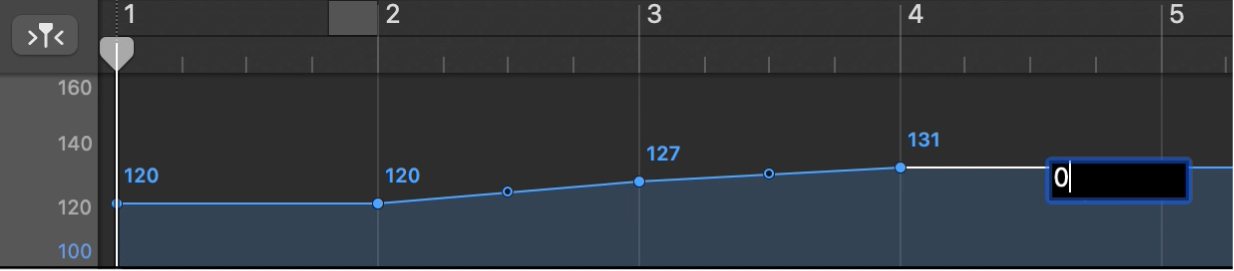 Pista de tempo, en la que se ajusta numéricamente un punto de control de tempo.