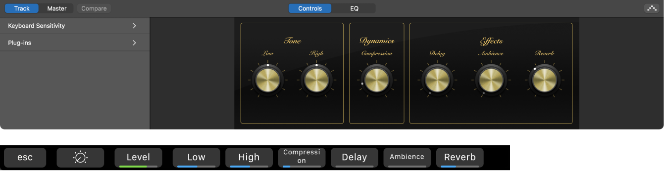 Figure Smart Controls pour une piste d’instrument logiciel et raccourcis dynamiques des Smart Controls pour cet écran.