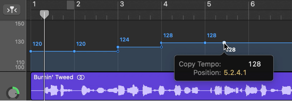 Copie d’un point de contrôle de tempo en le faisant glisser tout en maintenant la touche Option enfoncée dans la piste de tempo.